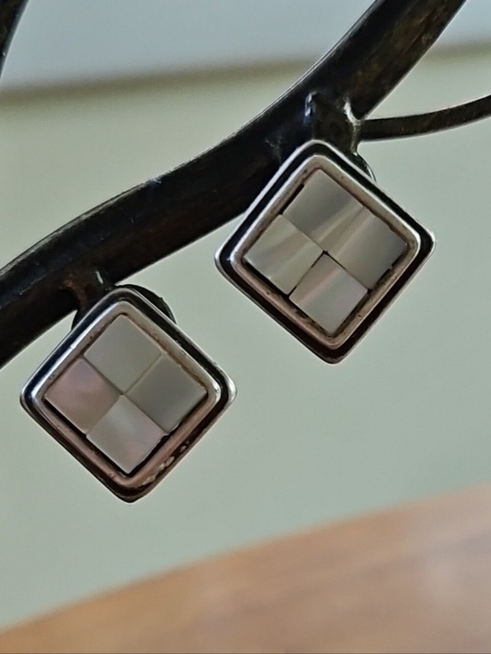 Vtg Napier Silver Mother of Pearl Mosaic Screw Clip Combo Earrings 1/2"